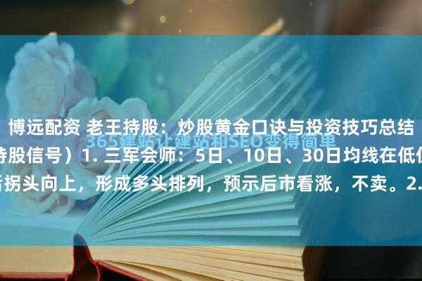 博远配资 老王持股:炒股黄金口诀与投资技巧总结:一、三不卖原则(持股信号)1. 三军会师:5日、10日、30日均线在低位汇合后拐头向上,形成多头排列,预示后市看涨,不卖。2. 双管齐下:长期下跌后出现两根...
